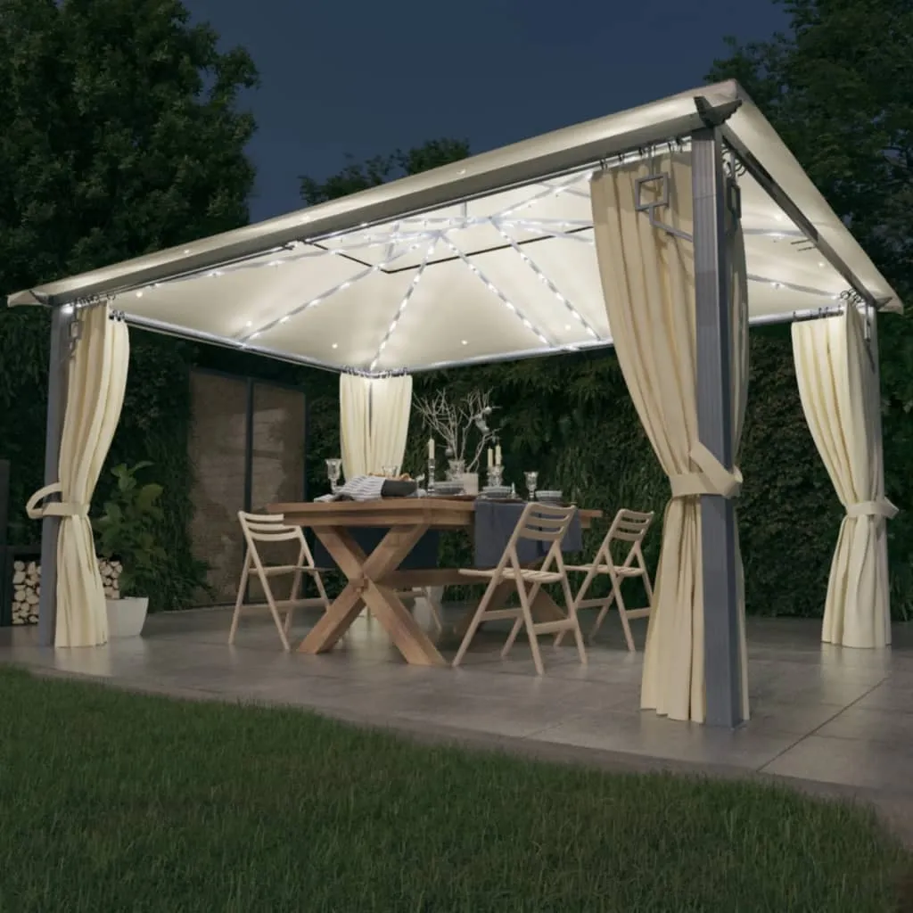 vidaXL Paviljong med gardin og LED-strenglys 4x3 m krem aluminium