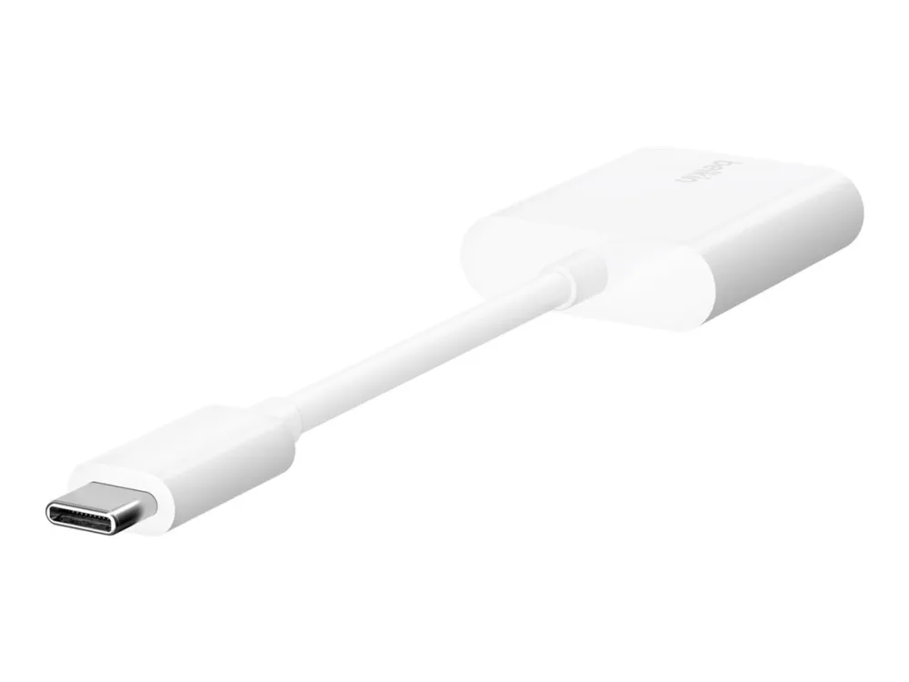 Belkin Connect Audio + Charge - USB-C til USB-C hodetelefoner / ladeadapter - USB-C hann til USB-C hunn - 14 m - hvit - USB Power Delivery (60W)