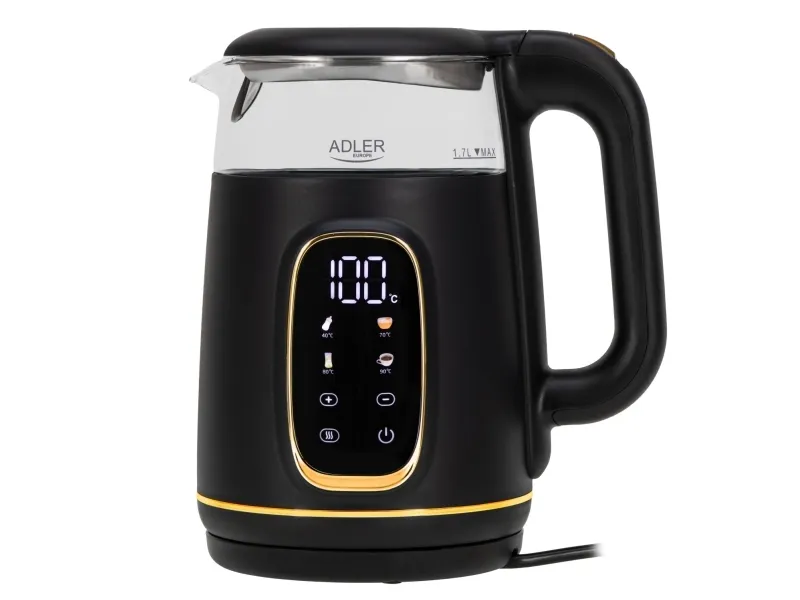 Adler D 1305 BG, 1,7 l, 2200 W, Svart, Gjennomsiktig, Gull, Glass, Plast, Justerbar termostat, Vannivåindikator