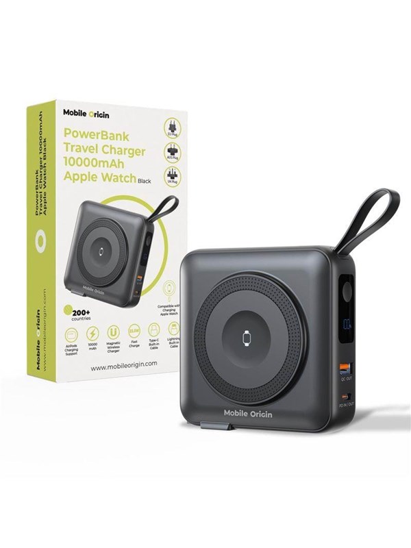 Mobile Origin PowerBank & Travel Charger - Lightning/USB-C Cable - MagSafe AW/iPhone Compatible - black Nødlader - Svart - 10000 mAh