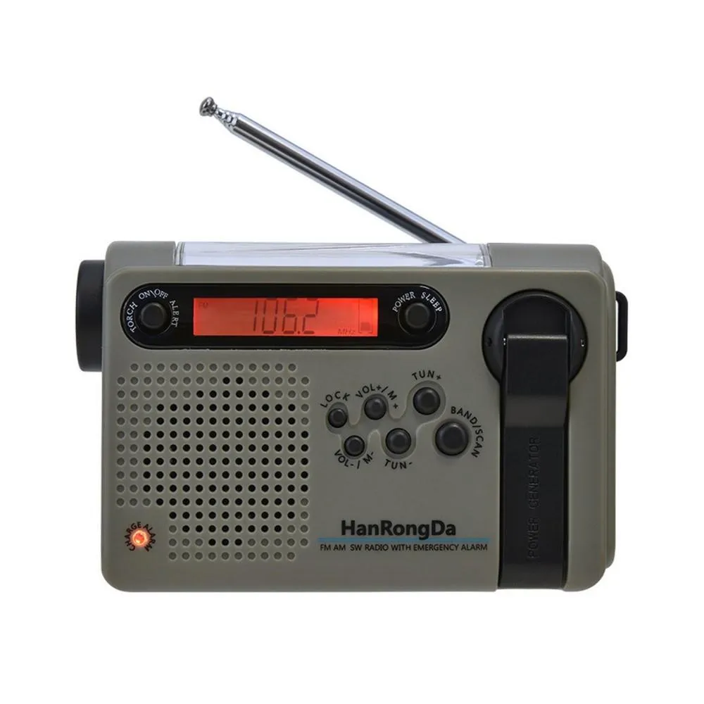 Bærbar radio LED lommelykt 2000mAh batteri SOS håndsveiv soldrevet