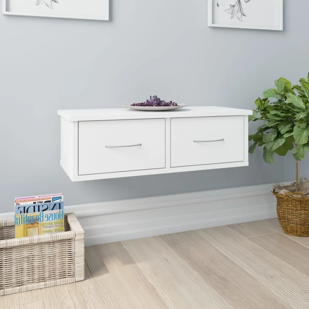vidaXL Veggmontert hylle med skuff hvit 60x26x18,5 cm konstruert tre