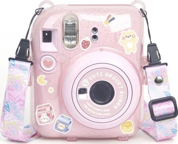 Etui LoveInstant til FujiFilm Fuji INSTAX Mini 12 + klistremerker og lomme / Yoghurtkanin / rosa glitter