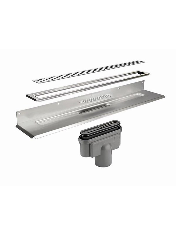 Unidrain Complete floor drain against rear wall 900 mm 10 mm frame Column grate 75 mm vertical outlet housing