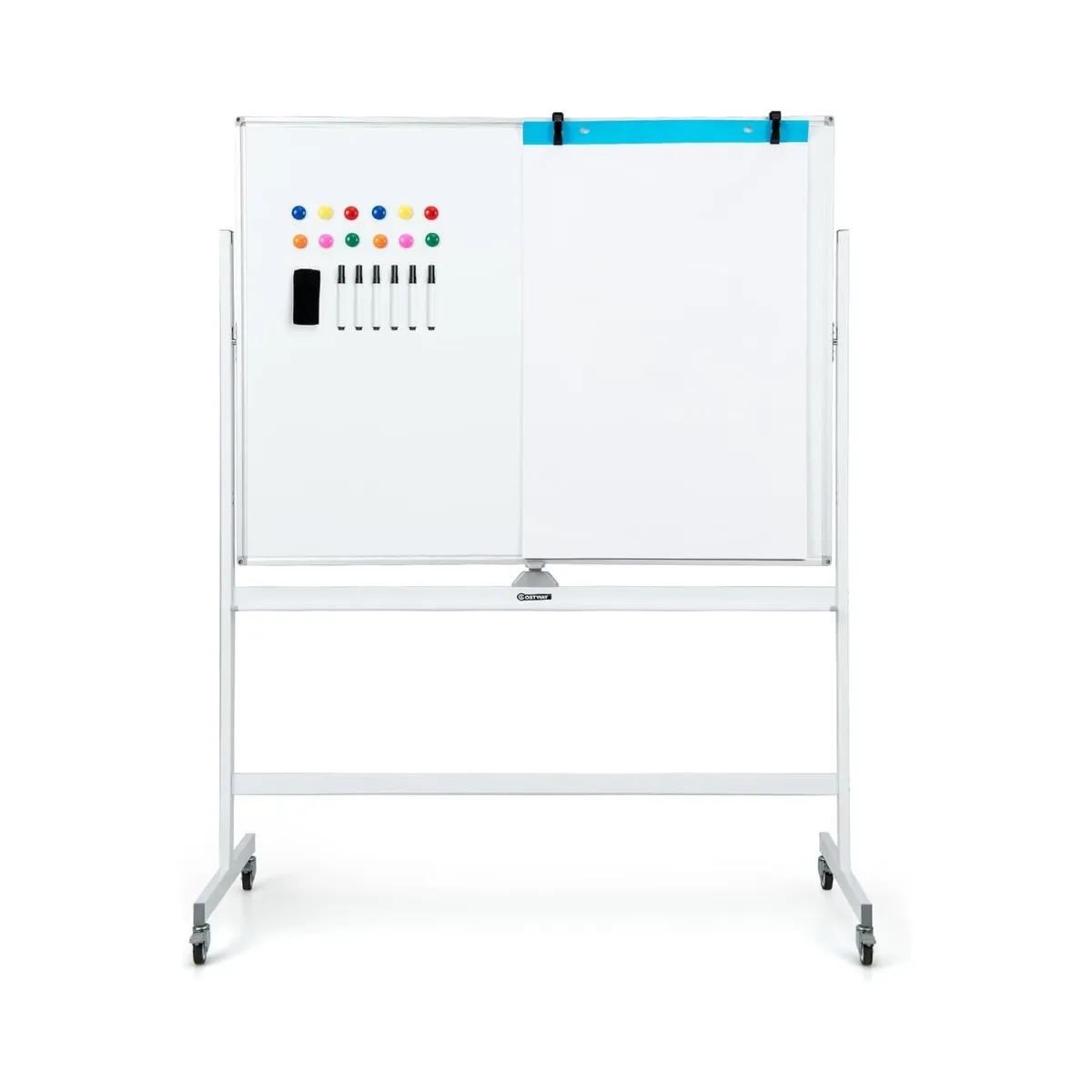 Dobbeltsidig mobil tavle med rutemønster & stativ & pennebrett 120x90cm hvit