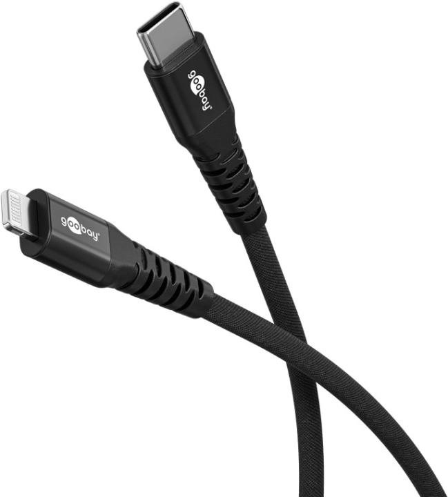 Goobay Lightning-USB-C™ supermyk tekstilkabel med metallkontakter, 1 m, svart MFi-sertifisert, elegant og ekstra robust lade- og synkroniseringskabel