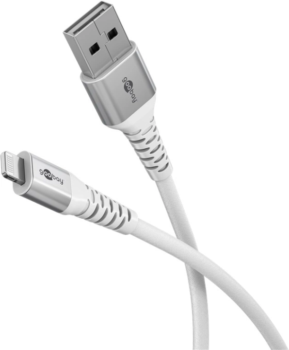 Goobay Lightning-USB-A supermyk tekstilkabel med metallkontakter, 3 m, hvit MFi-sertifisert, elegant og ekstra robust lade- og synkroniseringskabel fo
