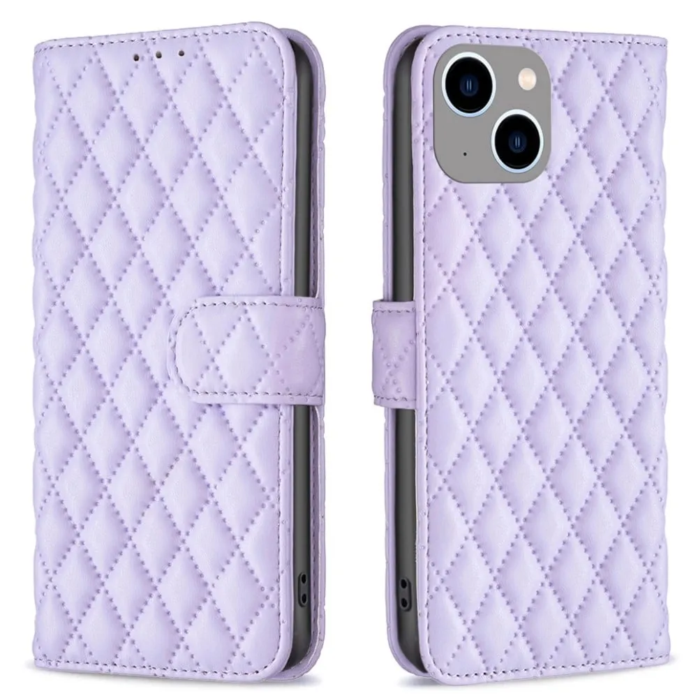 Rombemønster, matt flip-deksel for iPhone 15 - Lilla