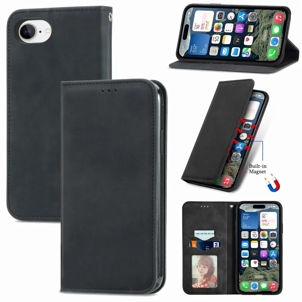 For iPhone 17e / 16e deksel med kortholder magnetisk absorberende telefondeksel - Svart