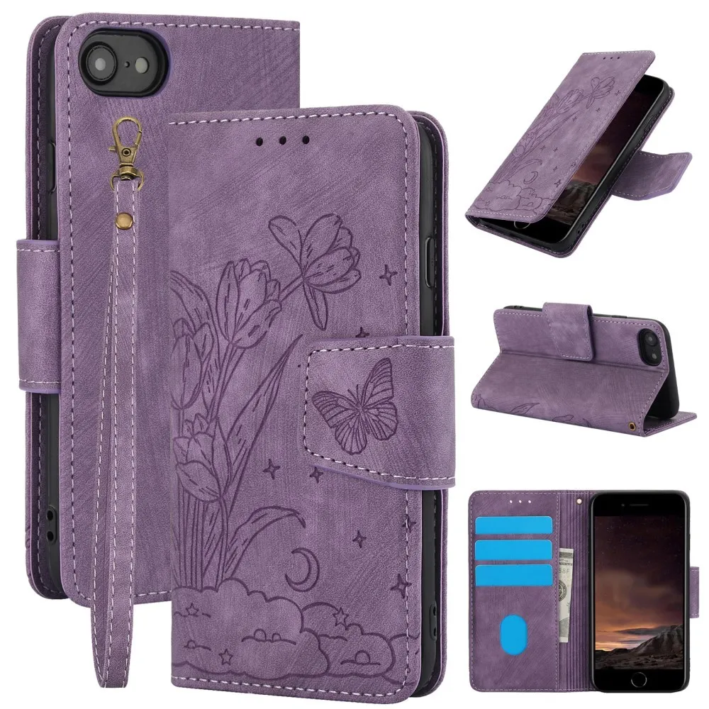 For iPhone 17e / 16e Etui Sommerfugl Blomst Ripebestandig Telefondeksel