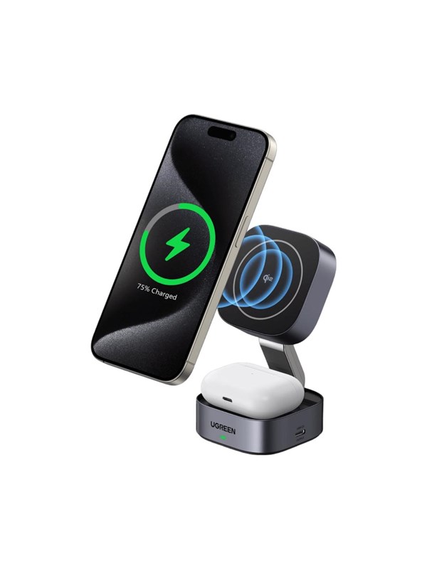 UGREEN 2-i-1 Magsafe til Qi2 Trådløs lader til Telefon/Hodetelefoner m/USB-C-port, svart