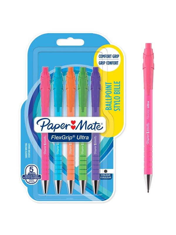 Paper Mate FlexGrip Ultra Bright kulepenner | Middels punkt (1,0 mm) | Svart blekk | Bright Barrels | 5 Stk