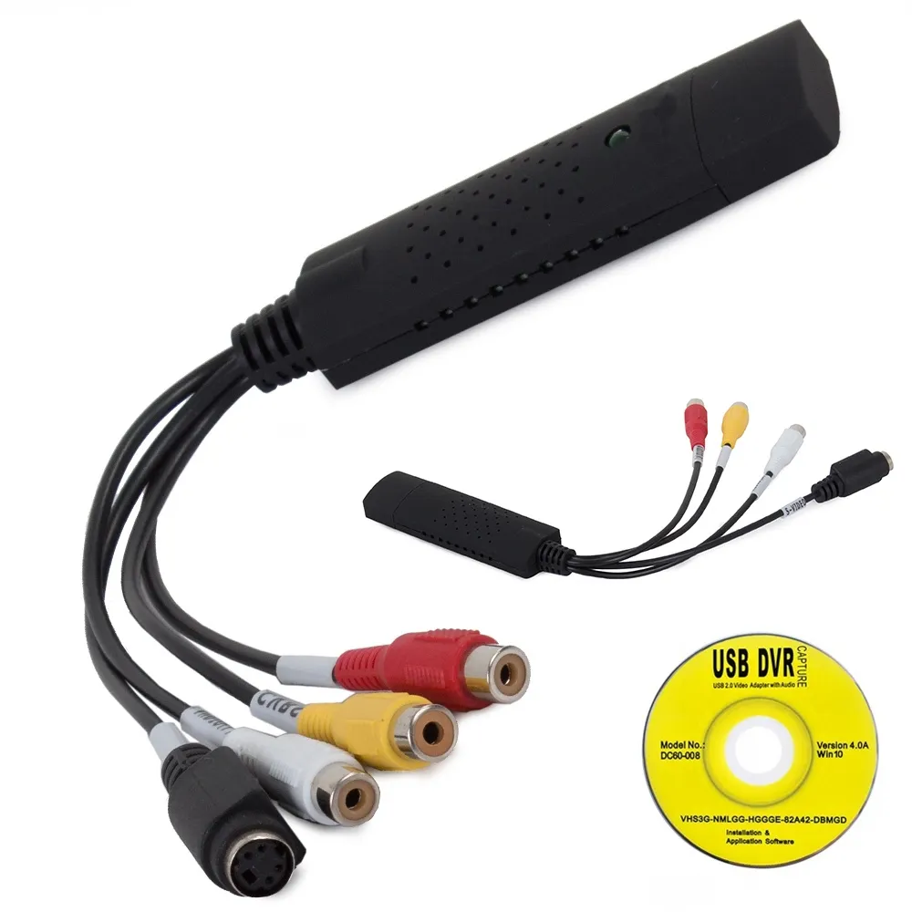 USB-videokonverter for VHS til PC – digitaliser VHS/Video8 via AV eller S-video, komplett sett med driver.