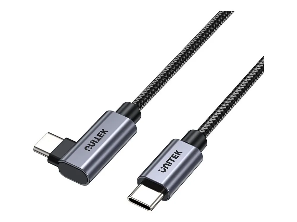 Unitek - USB-kabel - USB-C (hann) til USB-C (hann) høyrevinklet - 20 V - 5 A - 5 m - støtte for Power Delivery 3.0, Hurtiglading opptil 100W - romgrå