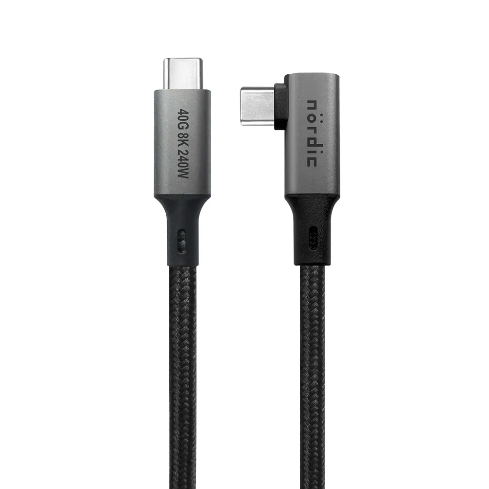 NÖRDIC vinklet 50 cm USB4 USB-C til C nylonflettet kabel PD3.1 240W 40G 8K60Hz 4K144Hz grå