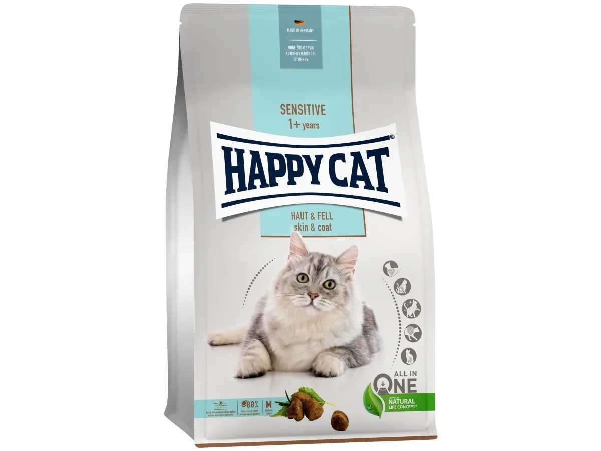 Happy Cat Sensitive Skin & Coat, Voksen, Alle hunderaser, Kylling, Laks, 1.3 kg