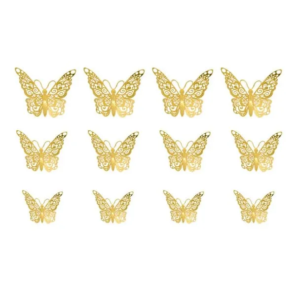 12-pack sommerfugler 3d veggoverføringsdekor Veggdekorasjon Gull