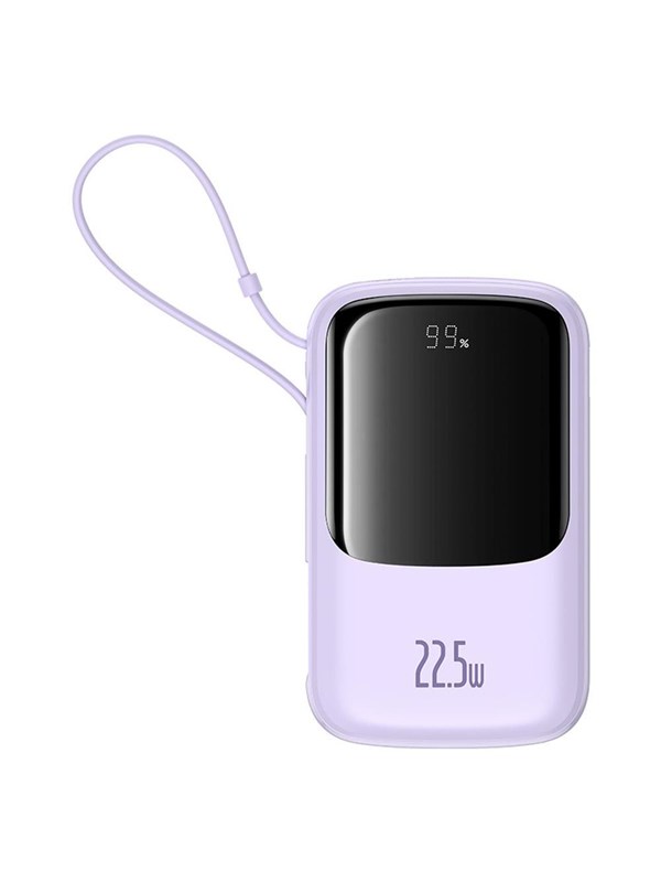 Baseus Qpow Pro+ 10000mAh 22.5W Power Bank with Built-in USB-C Cable and Display - Purple Nødlader - Lilla - 10000 mAh