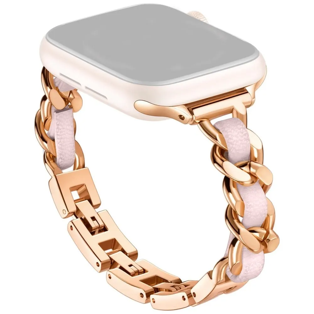 Apple Watch Series 49mm - 45mm - 44mm - 42mm sinklegering + lærklokkerem - Rose Gull + Rosa
