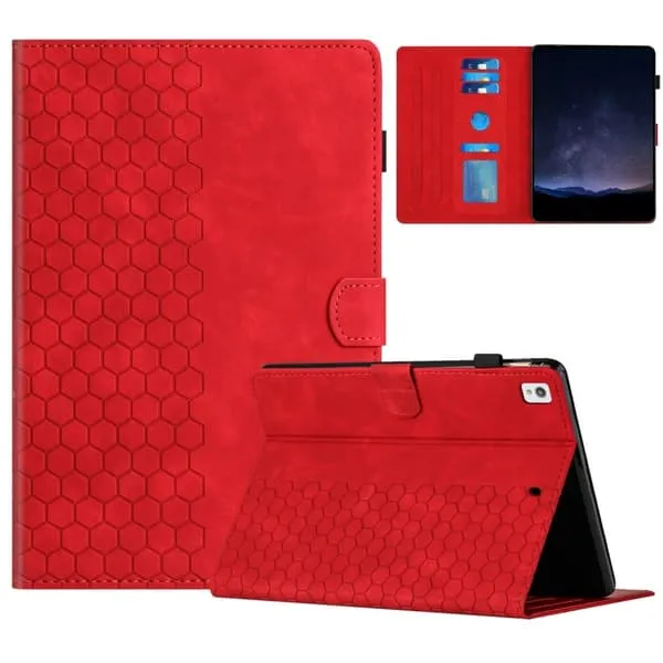 Samsung Galaxy Tab A7 Lite 8,7-tommers T220 / T225-etui Honeycomb-trykt lærdeksel til nettbrett med kortspor - Rød