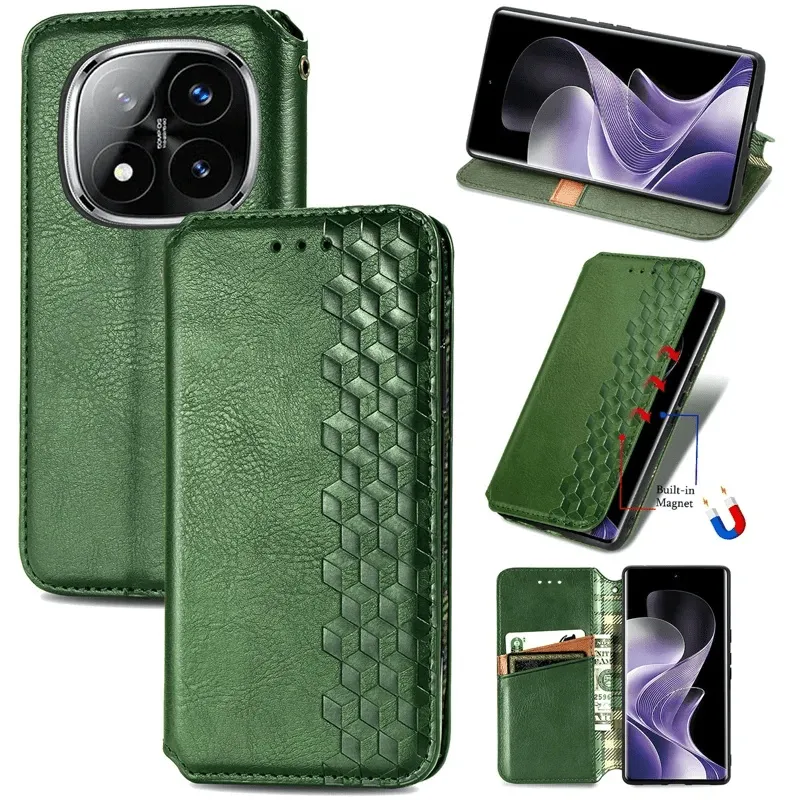 Xiaomi Redmi Note 14 Pro 5G Etui Rhombus Imprint Vegansk lær lommebok telefondeksel - Grønn