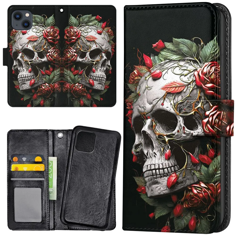 iPhone 15 - Lommebok Deksel Skull Roses