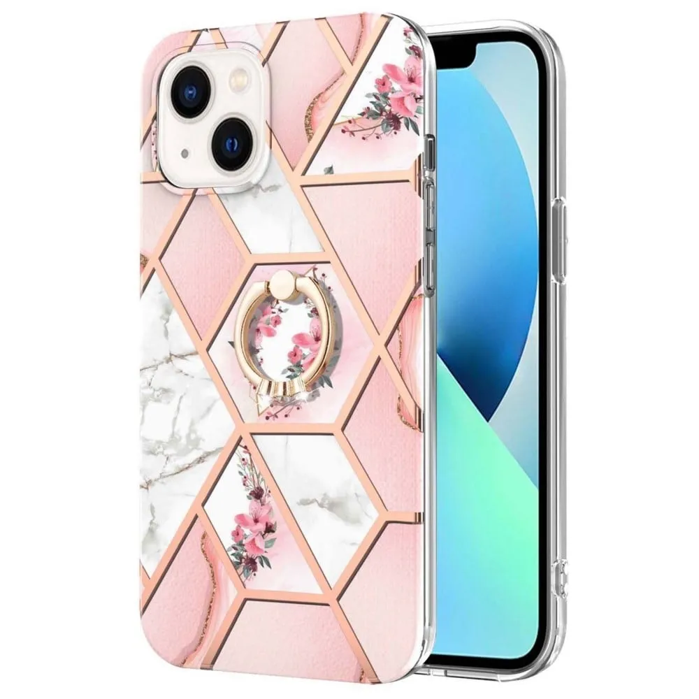 Marble Mønstret Deksel med Ring Holder til iPhone 14 - Rosa Blomster