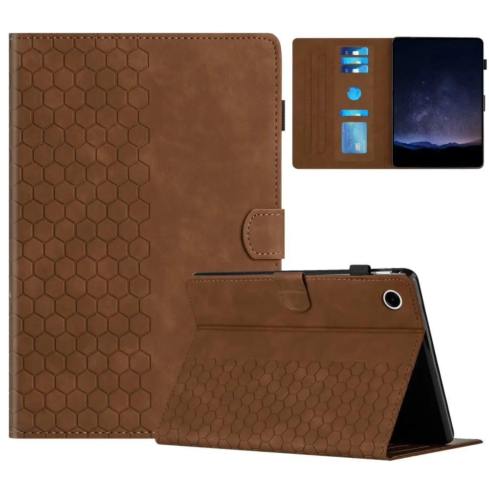 Samsung Galaxy Tab A9-etui Honeycomb-trykt lærdeksel til nettbrett med kortspor - Brun