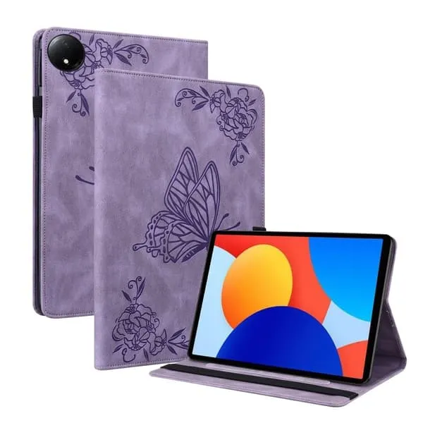 Xiaomi Redmi Pad SE 4G 8,7 tommers etui Butterfly Flower Imprint Vegansk lærdeksel for nettbrett med kortspor - Lilla