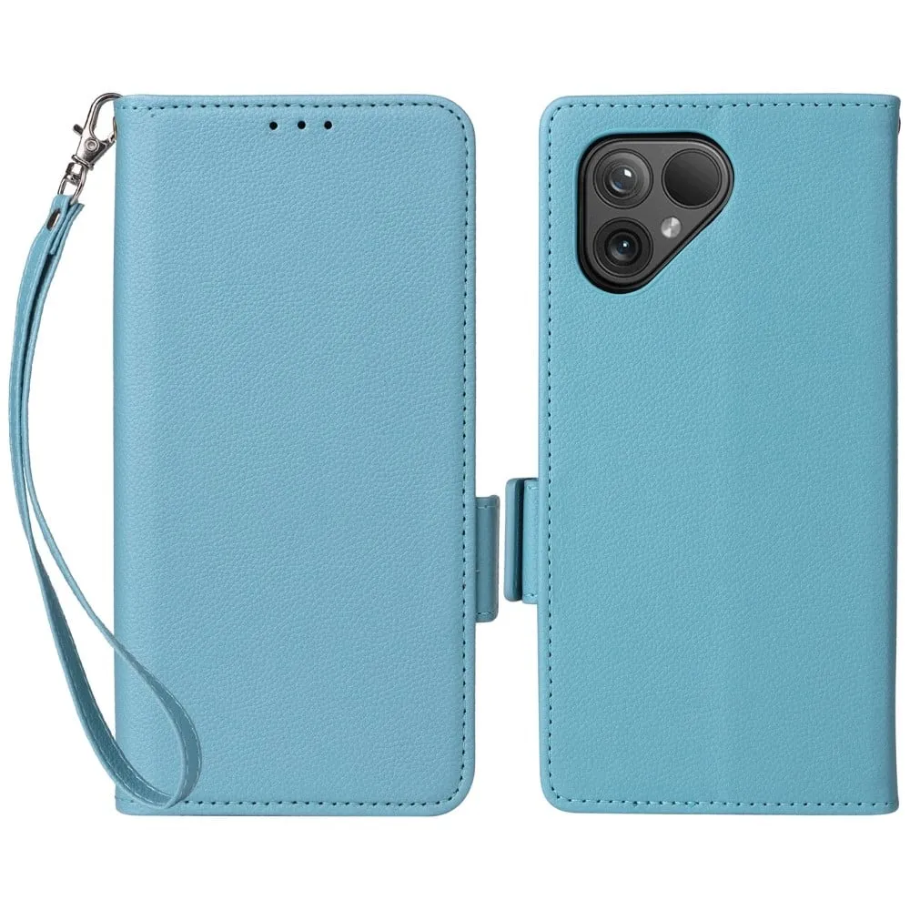 Fairphone 5 Case Litchi Texture Vegan Leather Phone Cover with Strap - Baby Blue