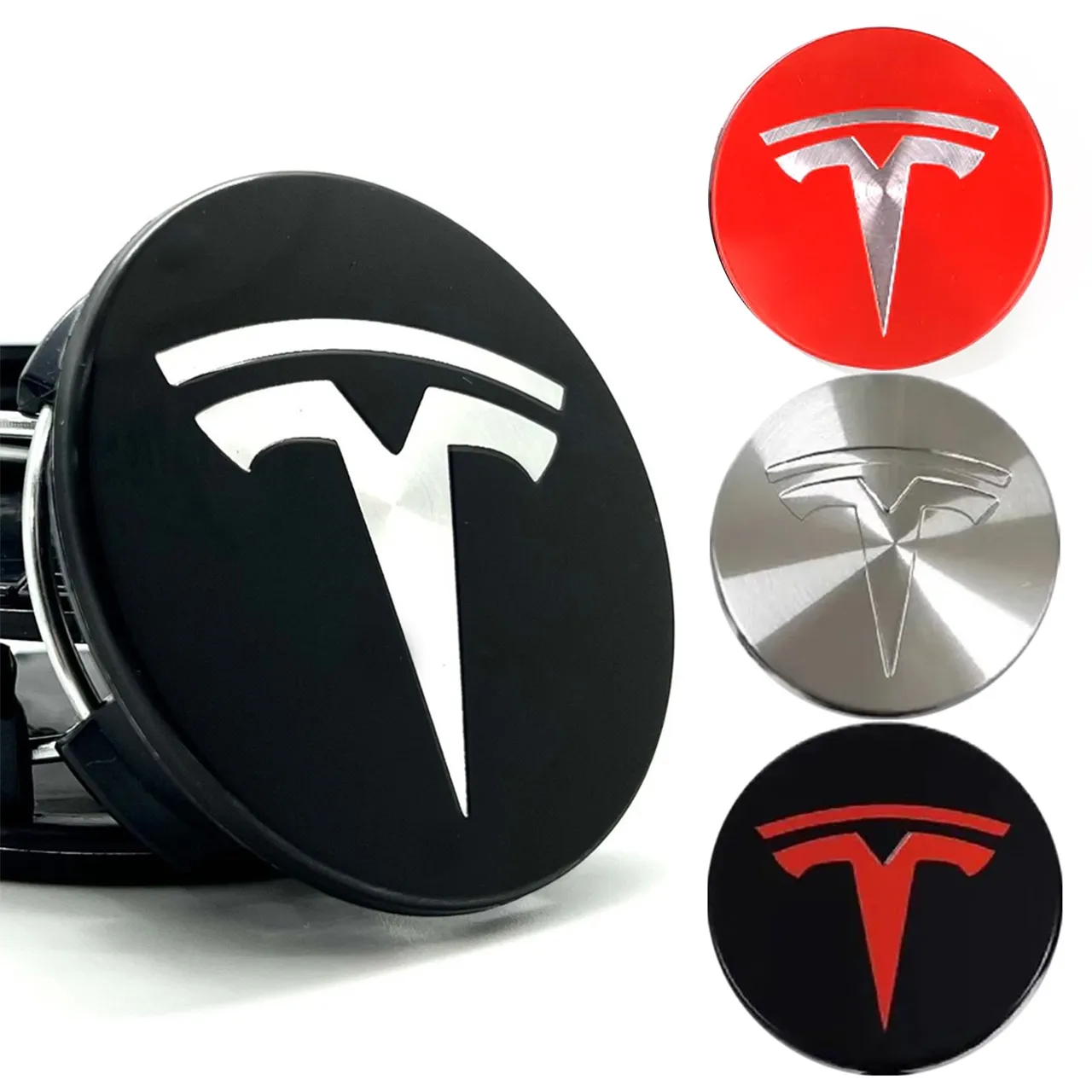 Tesla Senterkopper / Hjulnav Bil Emblem - 4-pak - Svart/röd