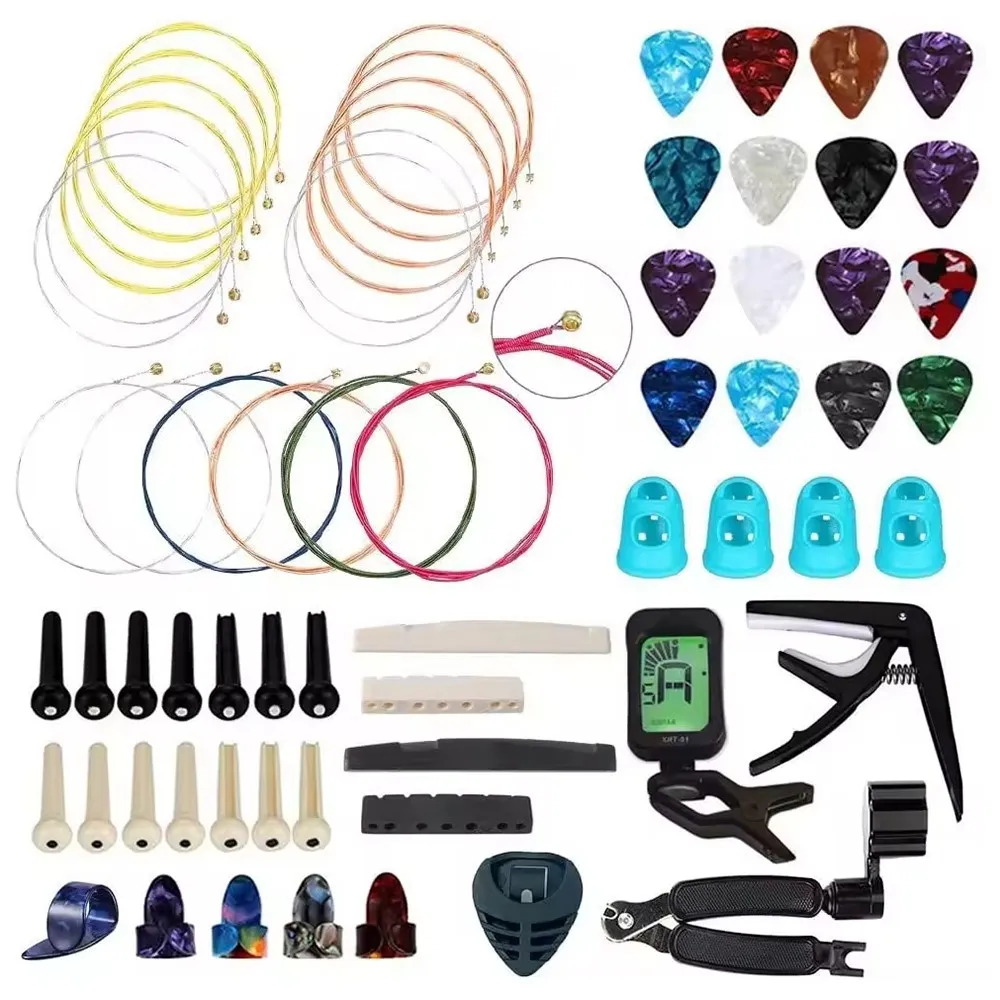 65 deler gitartilbehør, akustiske elektriske gitarstrenger, plekter, strengeviklere etc.