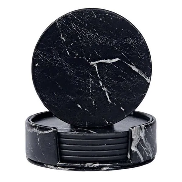 6-pakke med reversible glassbaser svart marmor PU med holder