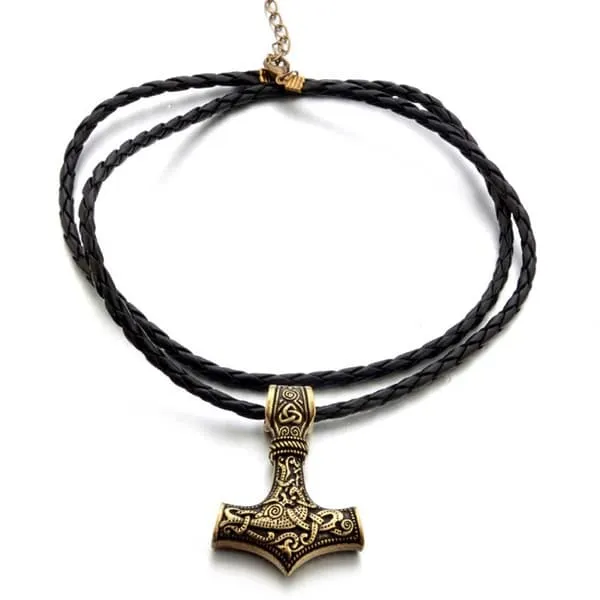 Viking halskjede torder hammer mjolnir kunstig lær gull