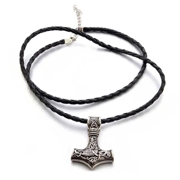 Viking halskjede torder hammer mjolnir kunstig skinn sølv