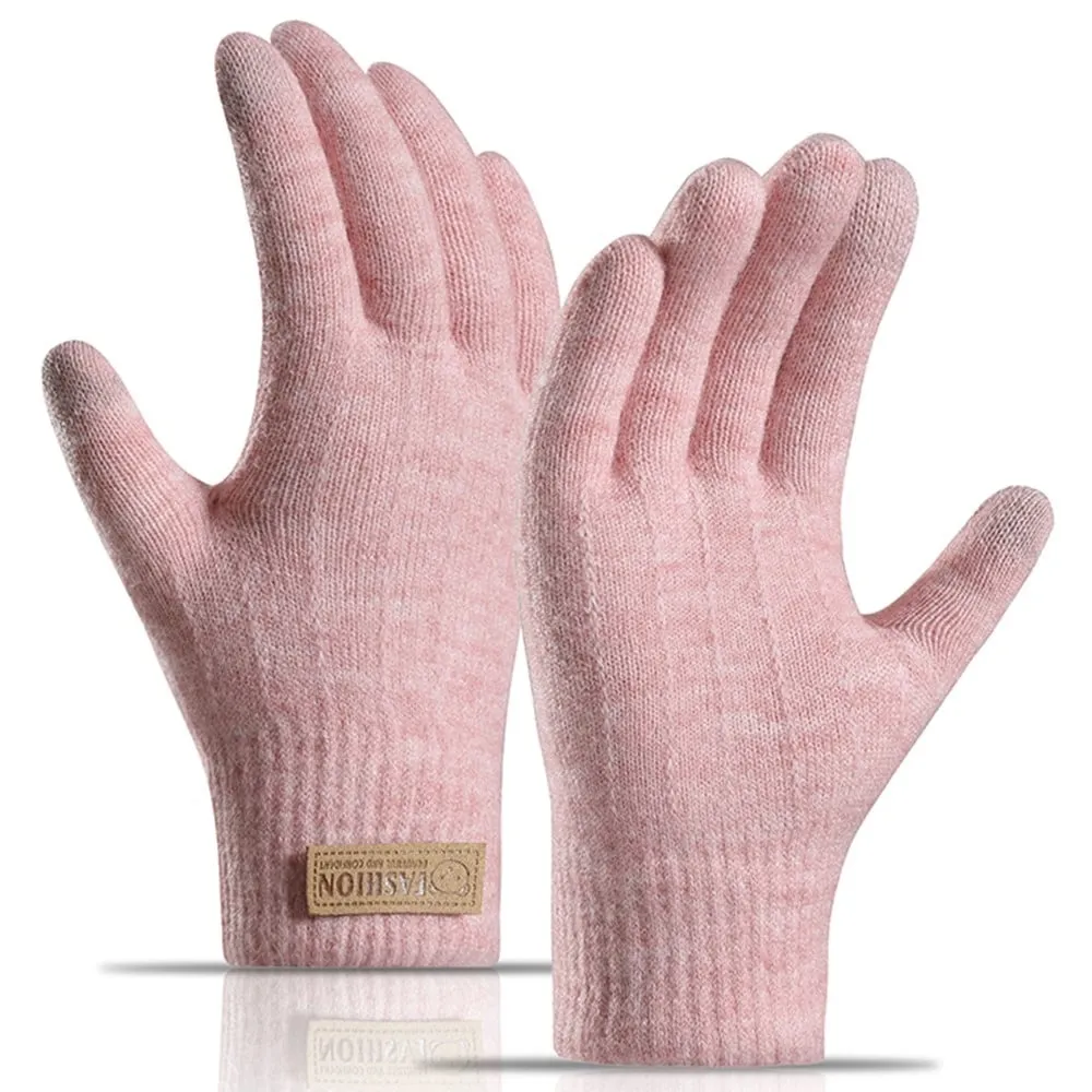 WinterTouch dobbeltlags varmstrikkede hansker for kvinner med bjørnemerke - Rosa