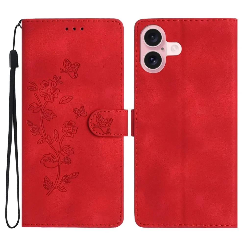 iPhone 16-etui med blomstertrykk i skinnlommebok med kortholder - Rød