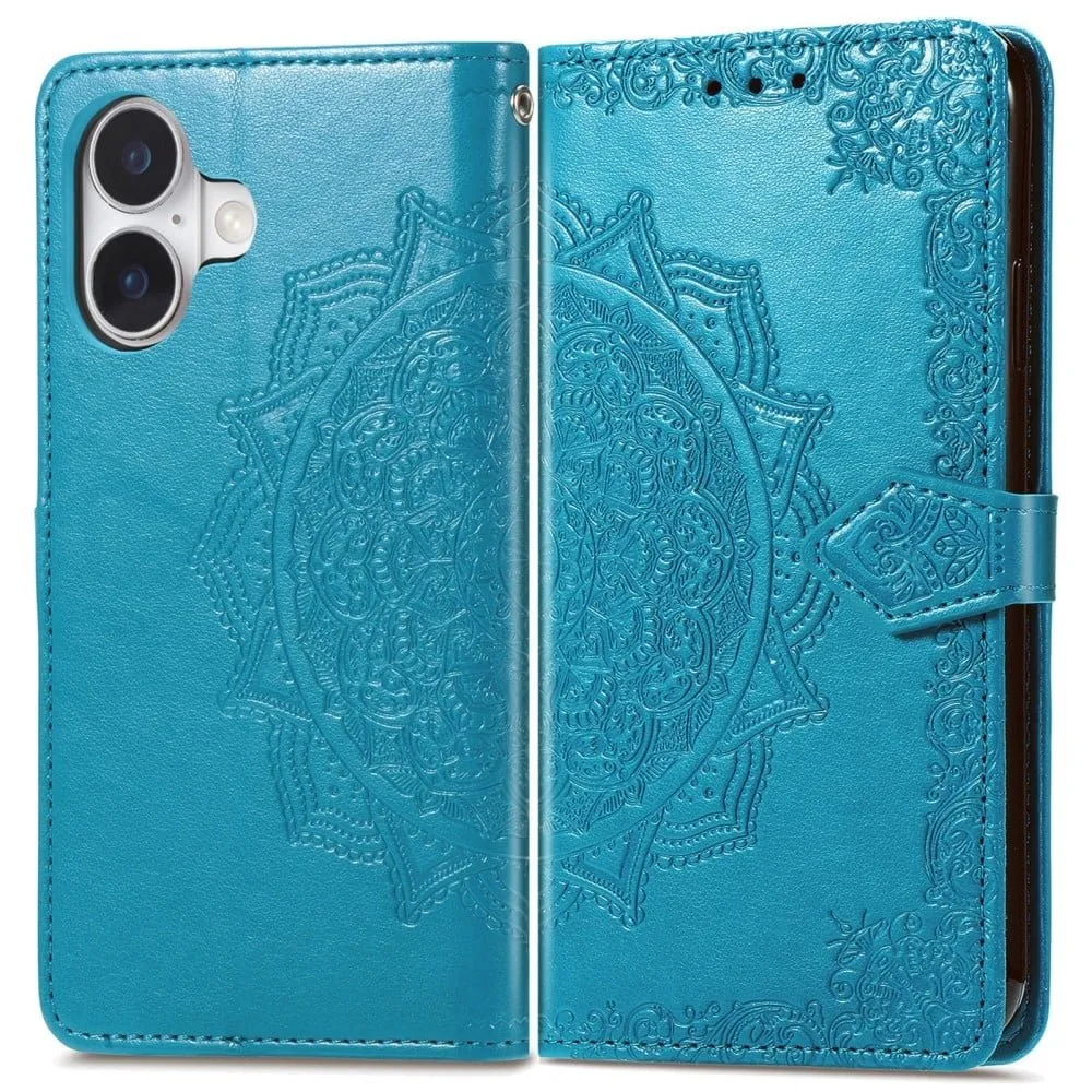 Mandala iPhone 16 etui i lær - Blå