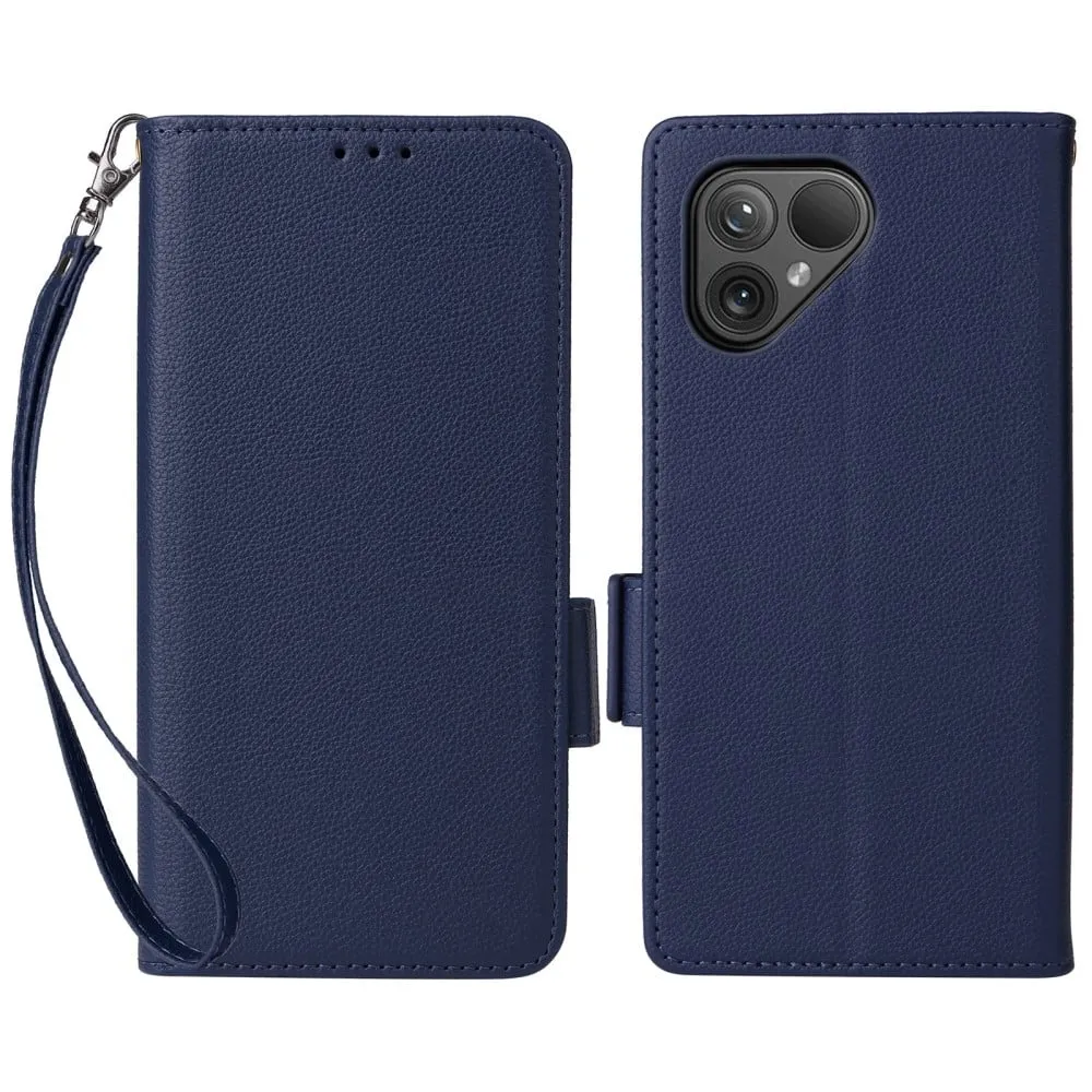 Fairphone 5 Case Litchi Texture Vegan Leather Phone Cover with Strap - Dark Blue