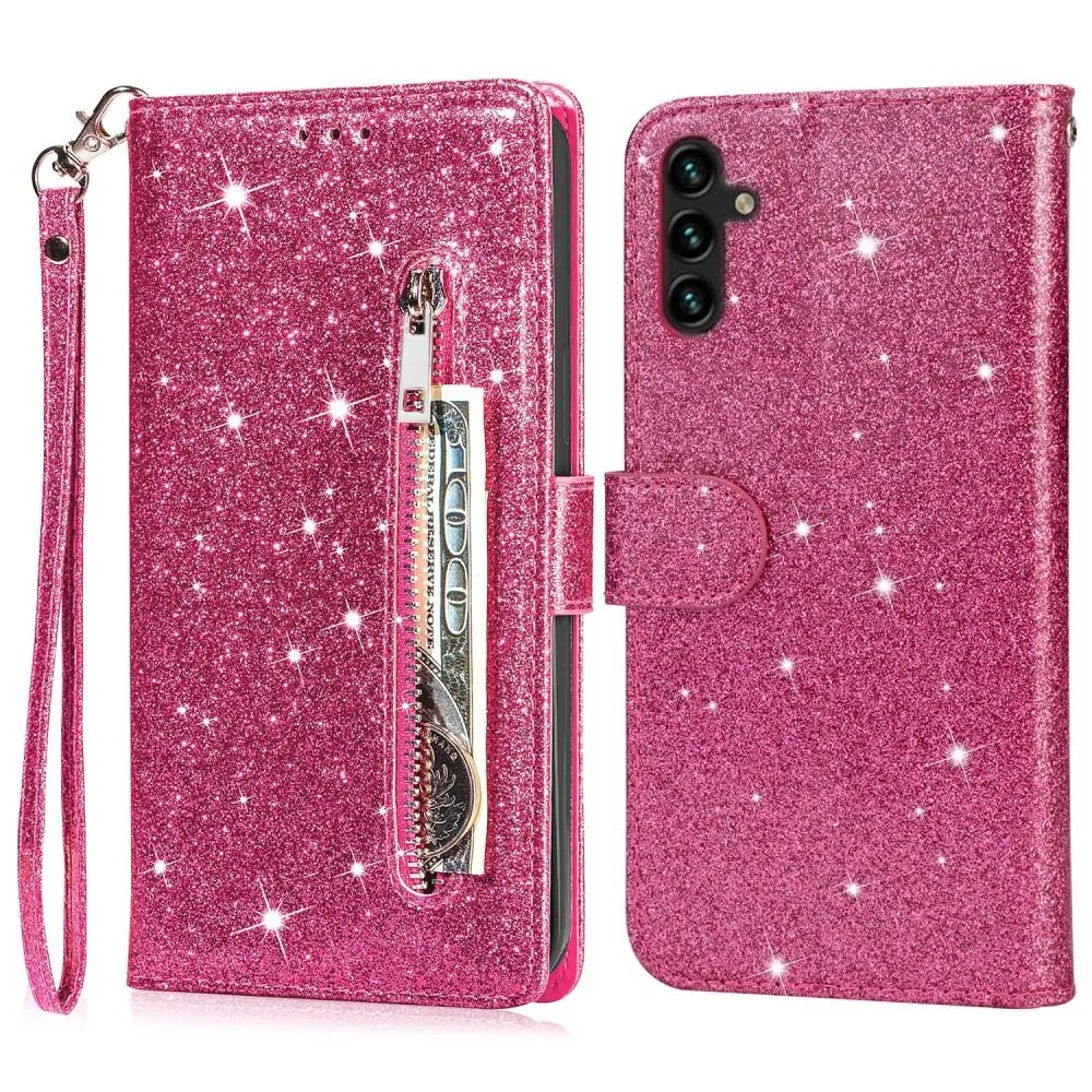 For Samsung Galaxy A56 5G Stående Glitterdeksel med Glidelåslomme - Rose