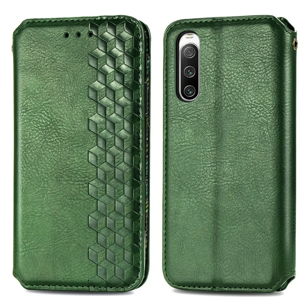 Læretui med A Stilfull Rhombus Imprint til Sony Xperia 10 IV - Grønn