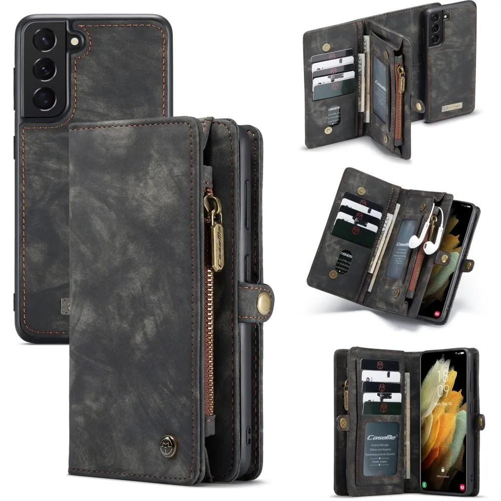 CASEME Samsung Galaxy S21 Retro Lær Lommebok - deksel - Grå/Svart