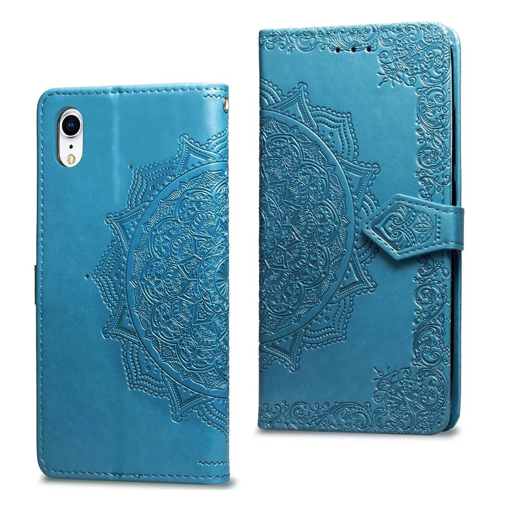 iPhone Xr beskyttelses deksel av syntetisk skinn med halv mandala blomst avtrykk - blå