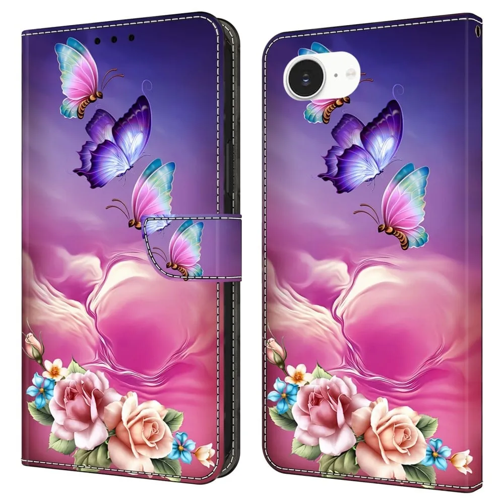 iPhone 16e-etui med kortspor mønster trykt fleksibelt + vegansk flip-telefondeksel i lær - Sommerfuglblomst