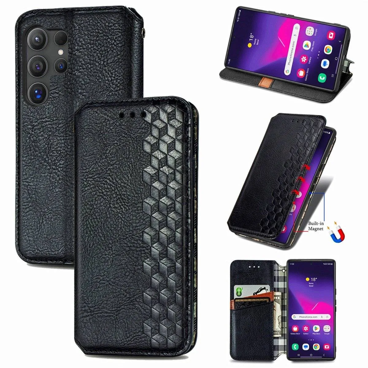 Skinn-etui med stilfult rombeavtrykk for Samsung Galaxy S25 Ultra - Svart