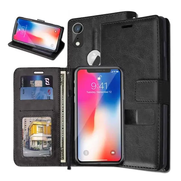 iPhone XR Wallet Case Black Leather Leather Case