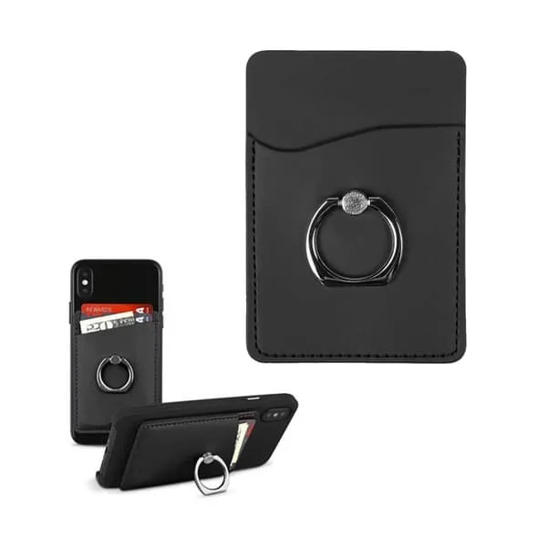Universal kortholder i skinn med ring for mobiltelefon svart