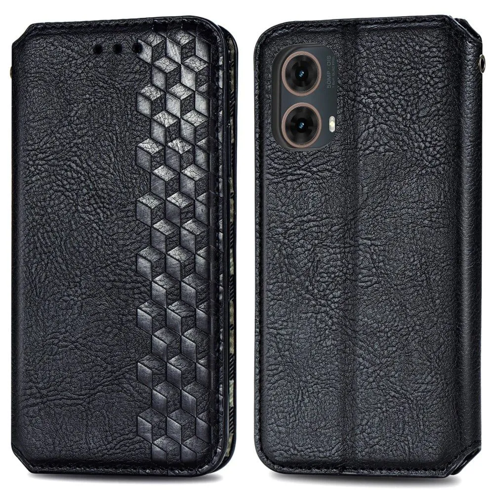 Skinn-etui med stilfult rombeavtrykk for Motorola Moto G85 - Svart