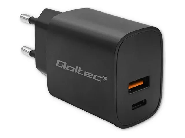 Qoltec Power Pro - Strømadapter - GaN, 5-20V, 1.5-3A - 30 watt - 3 A - Fast Charge - 2 utgangskontakter (USB-C, USB) - svart