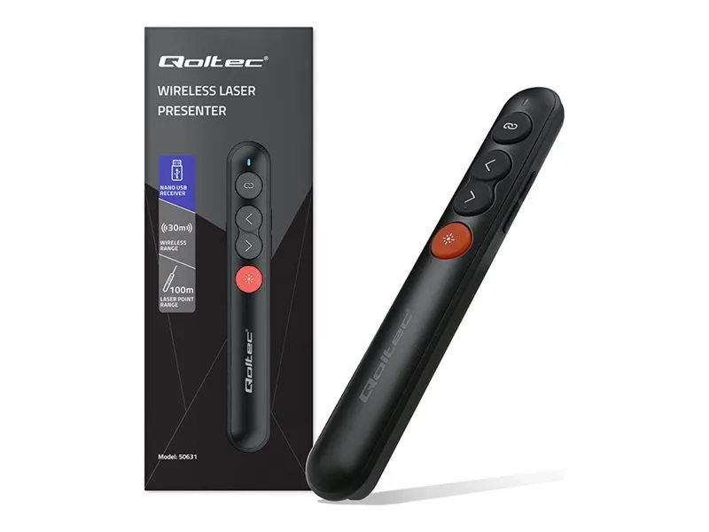 Qoltec laserpeker | 4-i-1-presentatør | USB 3.0 | 2,4 GHz | 100m